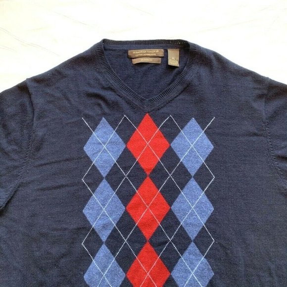 Sebastian Cooper Cotton Cashmere Blend Argyle Sweater Modern Fit Knit V Neck XL - Picture 3 of 11
